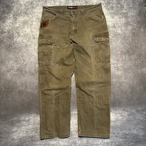 Vintage Wrangler Riggs Baggy Double Knee Olive Green Cargo Pants Mens 38x32